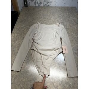 SHEIN BAE Women Beige Square Neck Ruched Long Sleeve Bodysuit Size M 6 NWT